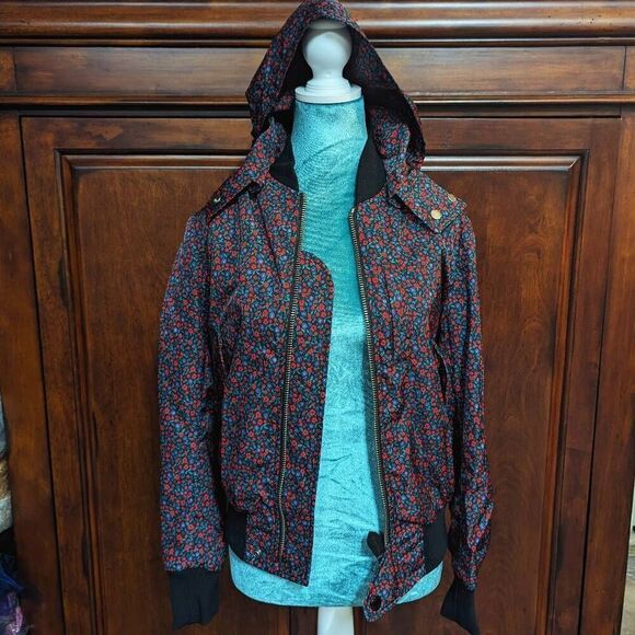 NWT Coach Floral Varsity Bomber Water Resistant Zip Jacket w/ Removable Hood XS - Picture 2 of 8